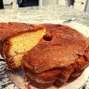 Miss Ellie's Classic Cinnamon Coffee Cake sliced showing double layers of cinnamon without nuts.