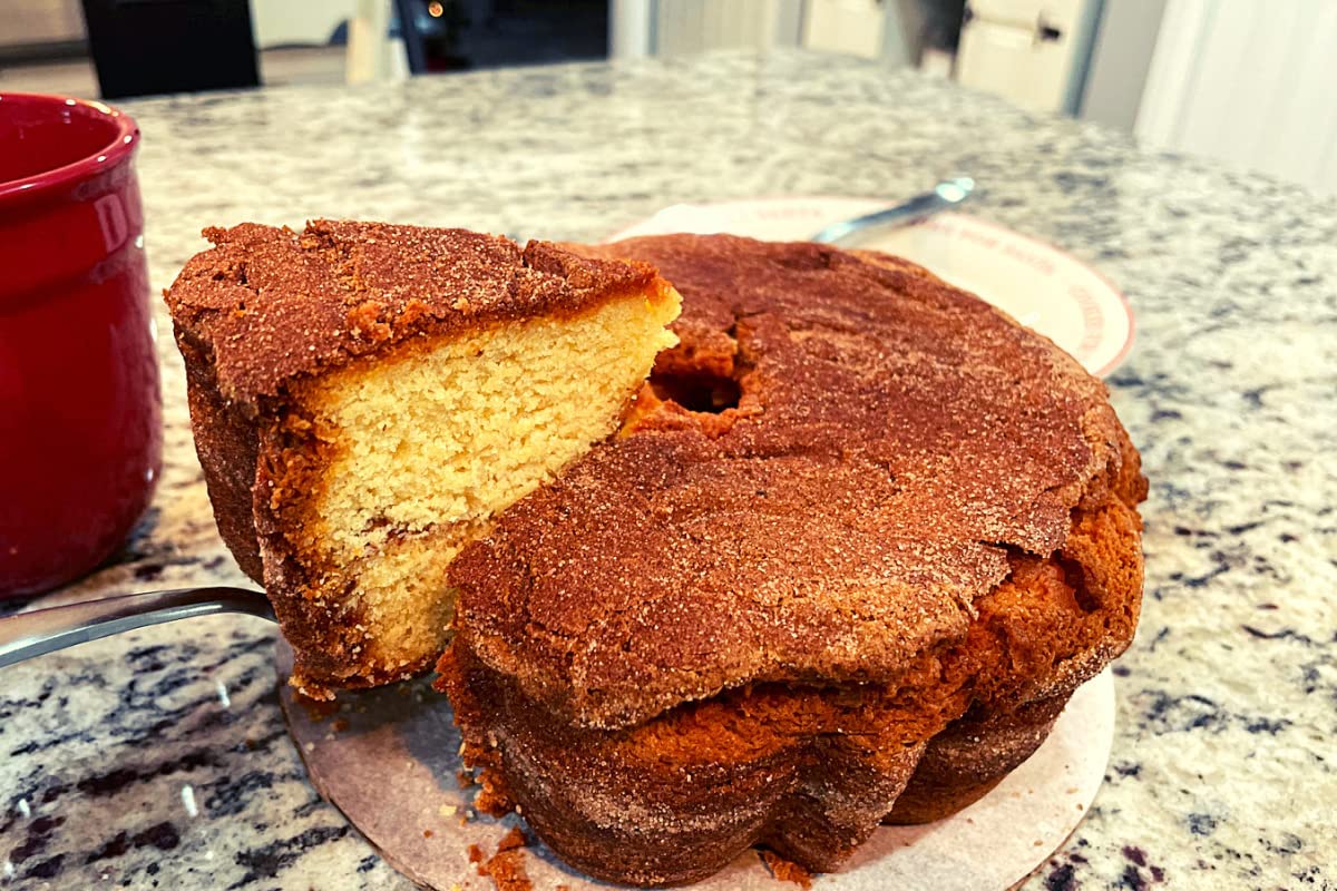 Miss Ellie's Classic Cinnamon Coffee Cake sliced showing double layers of cinnamon without nuts.