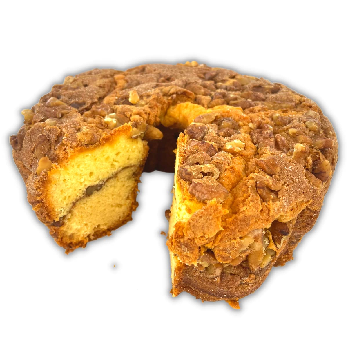 Miss Ellie's Cinnamon Walnut Coffee Cake sliced showing double layers of walnut streusel.